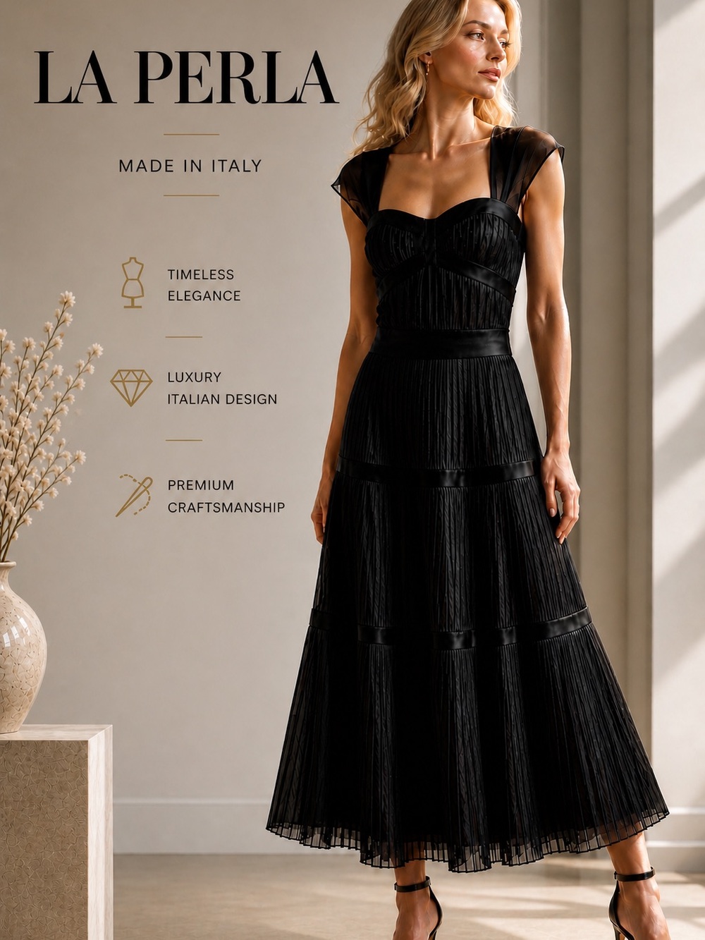 La Perla Black Silk Blend Accordion-Pleated Tiered Gown IT 42/US 6 Made in Italy